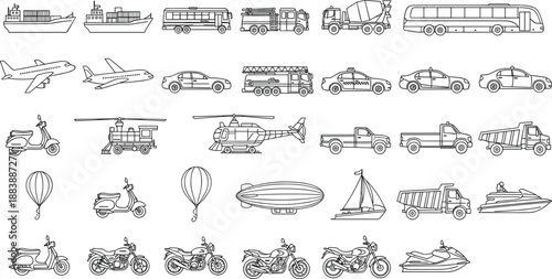 Large set of outline transportation icons including cars trucks airplanes ships motorcycles and helicopters isolated on white background for coloring book or web design elements