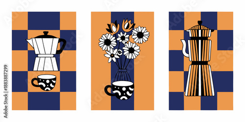 a triptych illustration featuring coffee pots flowers and cups on checkered backgrounds