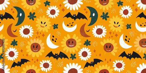 a cheerful halloween pattern with sunflowers moons bats and whimsical stars