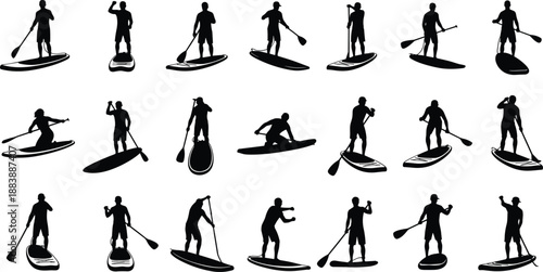 Set of Silhouettes Featuring People Stand Up Paddleboarding in Various Poses and Actions Including Paddling Balancing and Recreations Isolated on White Background for Design