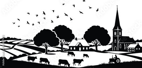 Rural countryside landscape silhouette featuring a peaceful village with a church, grazing cows on a farm, a tractor, and birds flying over scenic fields.