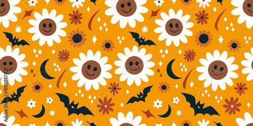 a cheerful halloween pattern with sunflowers bats moons and scattered stars