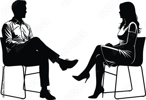 Silhouette Of Professional Man And Woman Having Business Interview Or Therapy Session Discussion Sitting On Chairs Isolated On White Background For Corporate Communication