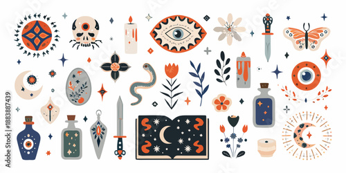 a collection of mystical and witchy elements including flowers books and celestial symbols