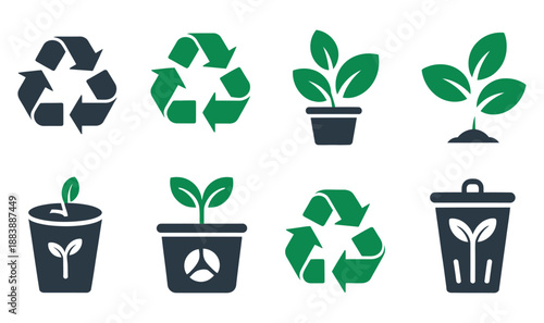 Eco friendly recycling icons set, sustainable green environment symbols representing recycling, waste reduction, eco-conscious living, renewable energy, environmental awareness, modern flat 