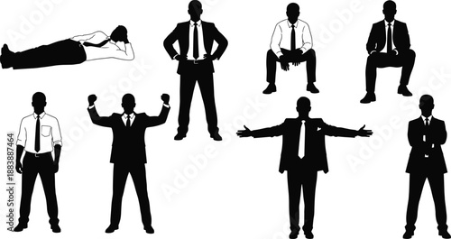 Silhouette set of professional businessman in various poses including standing, sitting, celebrating success, reclining, and arms crossed for corporate office business concept designs