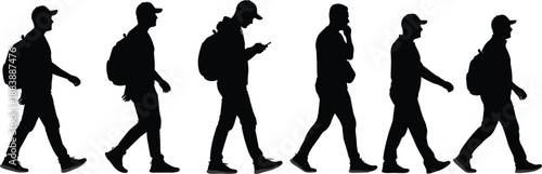 Silhouettes of a young man with a backpack walking in different poses set isolated on white background for travel lifestyle and urban commuter concepts