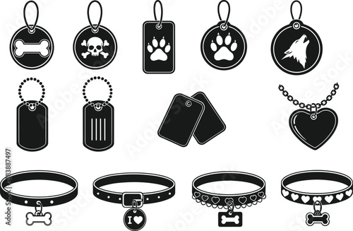 Vector collection of dog collar silhouettes pet ID tags with bone paw skull wolf icons and heart jewelry isolated on white background for design