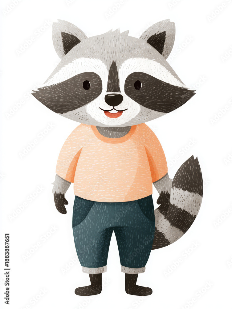 Obraz premium Raccoon illustration scandinavian character animal nursery shirt pant happy art style. Friendly mammal wearing peach clothing with blue trouser. Simple woodland creature design for child