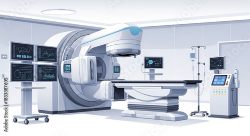 Medical linear accelerator in a modern hospital room for cancer treatment