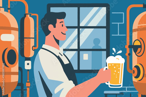 Illustration Of A Worker Taking A Break, Holding A Glass Filled With Fresh Beer Vector Design Template