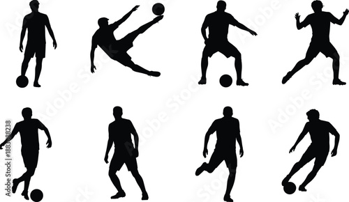 Football player silhouette set performing actions, soccer athletes dribbling and kicking ball, sports movement, black vector illustration