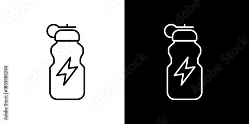 Icon of a water bottle with a lightning bolt symbol, representing energy and hydration, isolated on black and white backgrounds