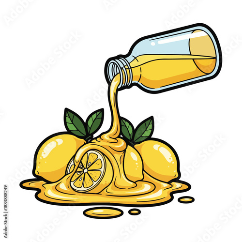 A bottle pours orange juice onto lemons