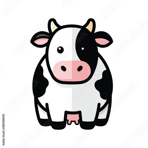 A cartoon cow with black and white fur