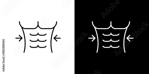 Modern line art icon illustrating a sculpted male abdomen with arrows for waist slimming and body shape goals, ideal for fitness and healthy lifestyle applications