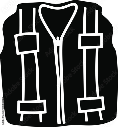Life jacket silhouette icon with safety straps, flotation vest design, water rescue equipment, marine safety gear, black illustration