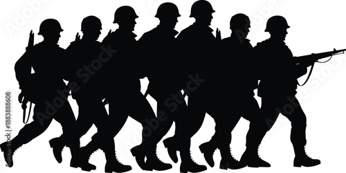 Military soldiers marching silhouette formation, armed army troops walking together, defense force teamwork, war patrol concept, black illustration