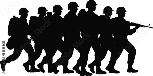 Military soldiers silhouette illustration, armed troops marching in formation, army teamwork discipline concept, defense security force vector graphic