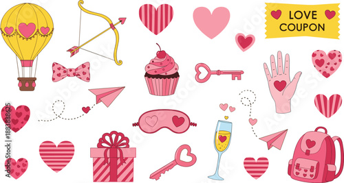 Flat vector illustration of Valentine’s Day elements, love symbols, hearts, gifts, celebration, emotion, affection, romance, holiday, colorful design