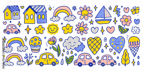 a charming collection of whimsical hand drawn illustrations featuring houses nature and vehicles