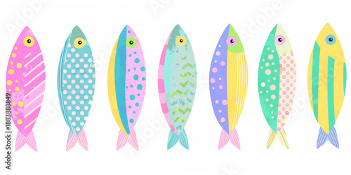 a whimsical pattern of colorful fish lined up in a row