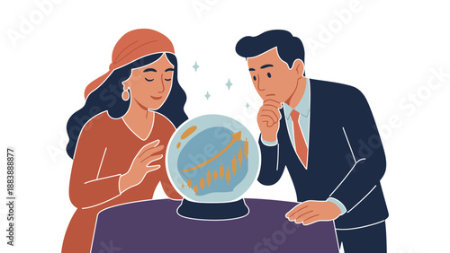 A businessman and fortune teller looking into a crystal ball together