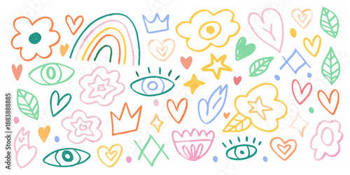 colorful hand drawn doodles of hearts flowers eyes rainbows and crowns