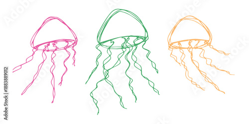 Set of hand drawn jellyfish doodle Sea animal illustration Cute marine underwater creature Medusa sketch clipart Single element for web, design, decor, children's print