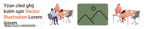 Business teamwork, office setup, professional workspace, creative collaboration, digital projects, communication. Two women working at desks, abstract image icon placed centrally. Business teamwork