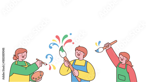 Three cartoon artists painting with colorful vibrant brush strokes and smiles