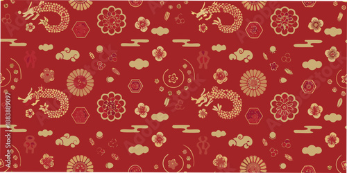 a vibrant red background adorned with traditional chinese dragon and floral motifs