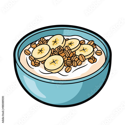 A cartoon bowl of oatmeal with banana slices and nuts