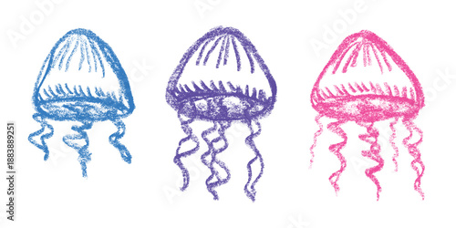 Set of hand drawn jellyfish doodle Sea animal illustration Cute marine underwater creature Medusa sketch clipart Single element for web, design, decor, children's print