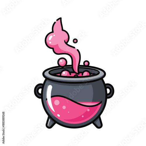 A bubbling cauldron with pink liquid