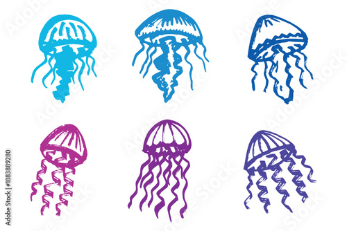 Set of hand drawn jellyfish doodle Sea animal illustration Cute marine underwater creature Medusa sketch clipart Single element for web, design, decor, children's print