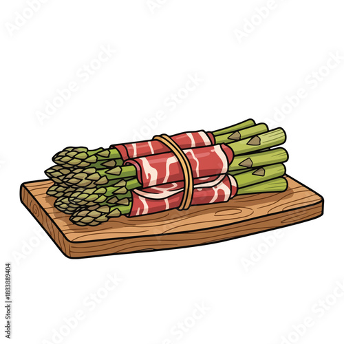 A bunch of asparagus wrapped with bacon on a wooden board