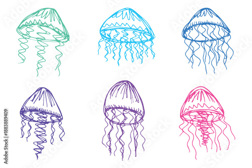 Set of hand drawn jellyfish doodle Sea animal illustration Cute marine underwater creature Medusa sketch clipart Single element for web, design, decor, children's print