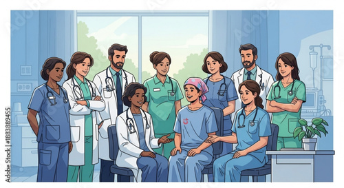 Medical team with diverse healthcare professionals standing and sitting together in a hospital