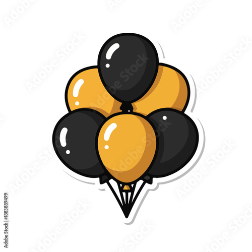 A bunch of black and yellow balloons