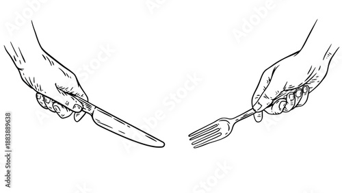 A hand holding a knife and another hand holding a fork facing each other