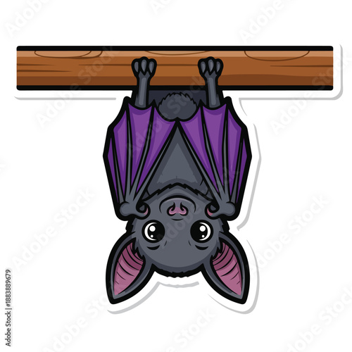 A cartoon bat hangs upside down from a wooden beam