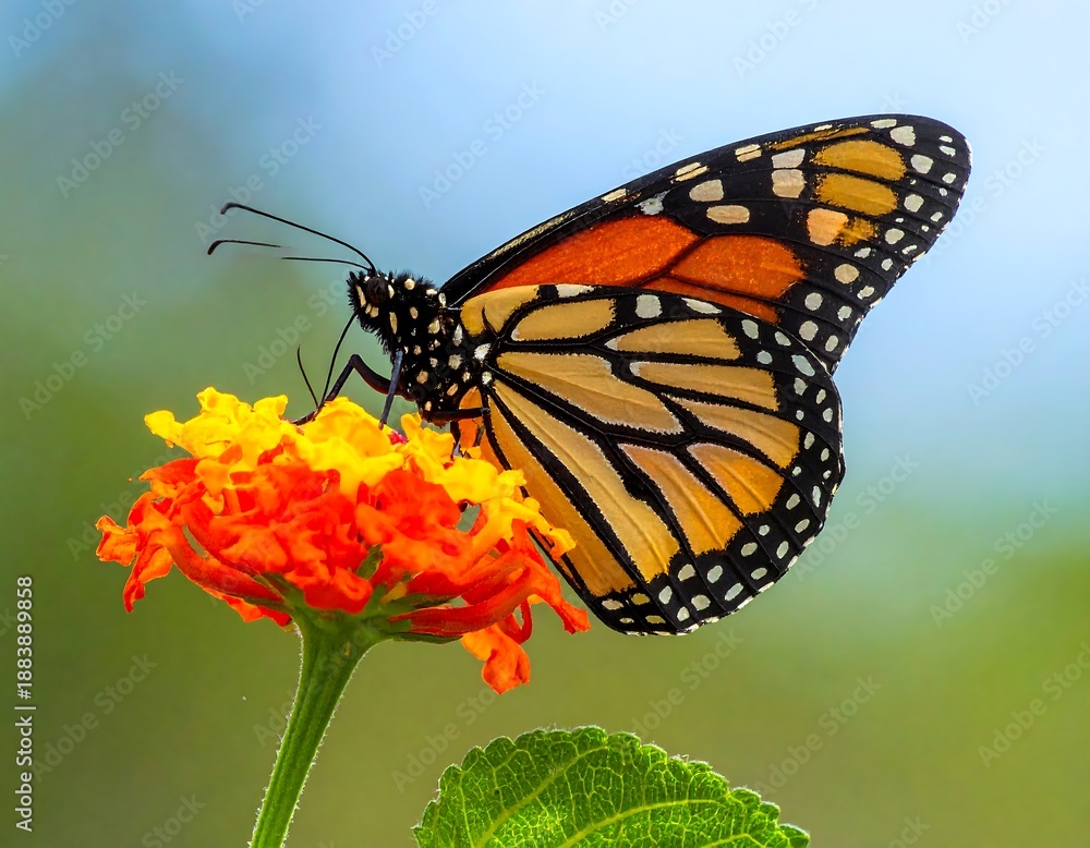 Fototapeta premium Monarch butterfly perched on vibrant orange and yellow flower