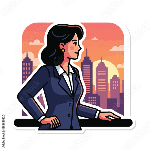 A businesswoman looks out over a city