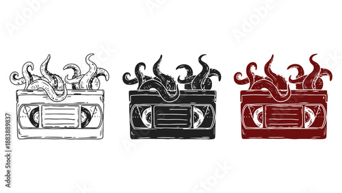 An illustration of three cassette tapes with tentacles on top