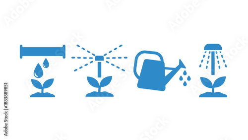 A collection of blue icons depicting various methods of plant irrigation