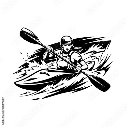 Monochrome female kayaker paddling on a whitewater wave in dynamic logo style, for extreme sports branding, adventure websites, and athlete apparel design.