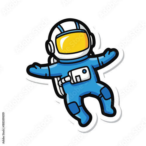 A cartoon astronaut in a blue suit floats