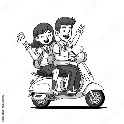 Cartoon vector illustration of a child biker joyfully riding a toy scooter and bike on the road for travel and transportation