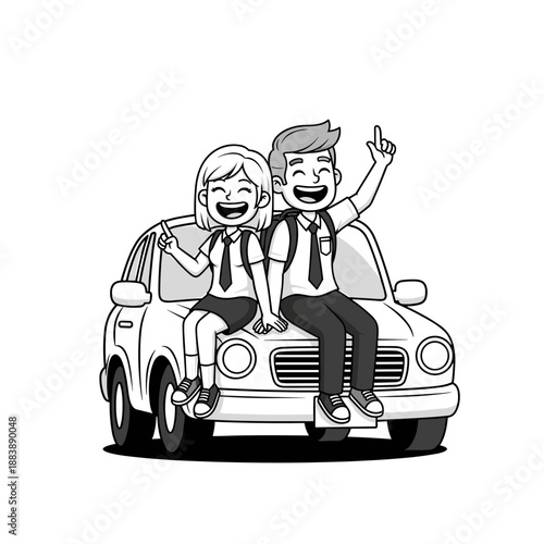 Cartoon wedding car with a happy bride riding on a joyful trip